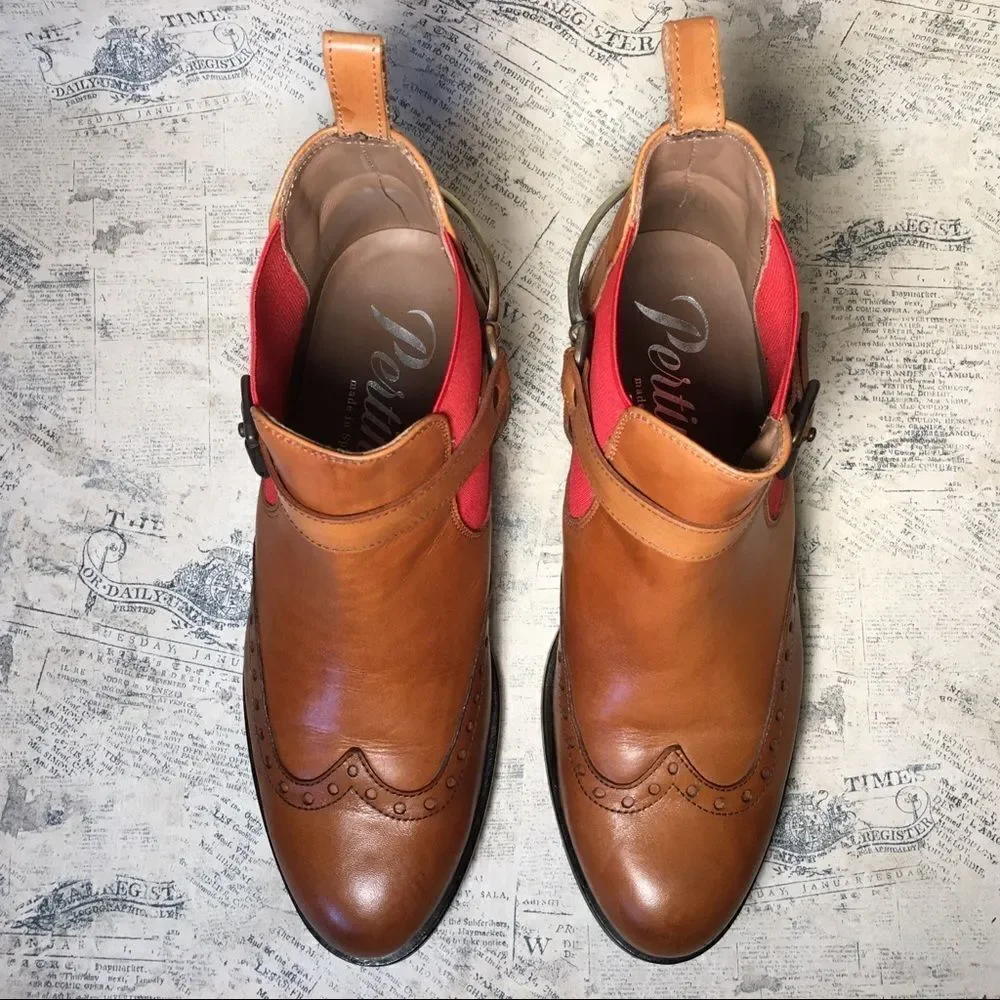 Pertini Spain Brown Leather Ankle Booties Red Elastic Chelsea Boots